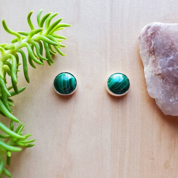 SoCute925 8mm Malachite Studs | Simple Sterling Silver Malachite Post Earrings | Dainty Silver Stud Earrings | Malachite Jewelry Made in USA