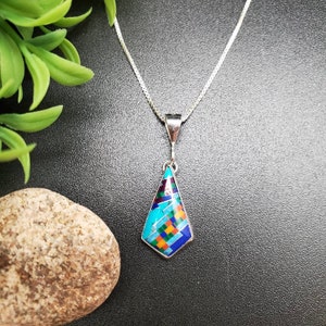 Dainty Multicolor Inlay Kite Shape Necklace Pendant With Silver Chain | Sterling Silver Inlay Necklace | Southwestern Colorful Inlay Pendant