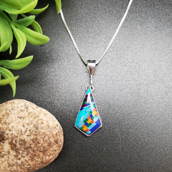 Dainty Multicolor Inlay Kite Shape Necklace Pendant With Silver Chain | Sterling Silver Inlay Necklace | Southwestern Colorful Inlay Pendant