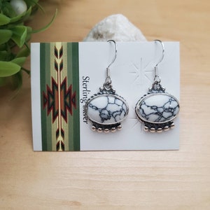 SoCute925 Big White Buffalo Turquoise Dangle Earrings | White Stone With Black Matrix Jewelry | Sterling Silver Turquoise Southwest Earrings
