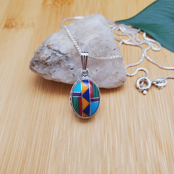 SoCute925 Big Multicolor Necklace Pendant With Silver Box Chain Necklace 18" | Sterling Silver Inlay Stone Necklace | Southwestern Necklace