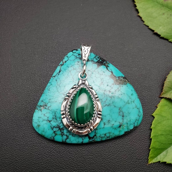 SoCute925 Green Malachite Pendant | Genuine 925 Sterling Silver Green Gemstone Pendant | Large Pear Shape Pendant | Gift Ideas | Made in USA