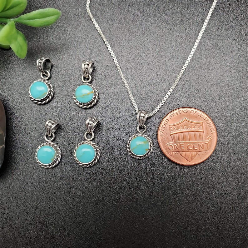 STN 64 Small Handmade 6mm Round Kingman Turquoise Necklace Pendant With Silver Chain Sterling Silver Turquoise Pendant Tiny Pendant image 10