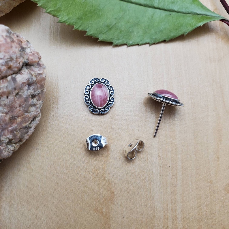 Small Pink Rhodochrosite Stud Earrings Small Pink Stone Stud Earrings Made in USA SoCute925 Tiny Oval Pink Rhodochrosite Post Earrings