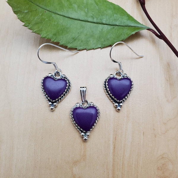 SoCute925 Dainty Sugilite Earrings Sugilite Necklace Pendant | Sugilite Jewelry Set | Sugilite Heart Jewelry | Dainty Purple Heart Jewelry