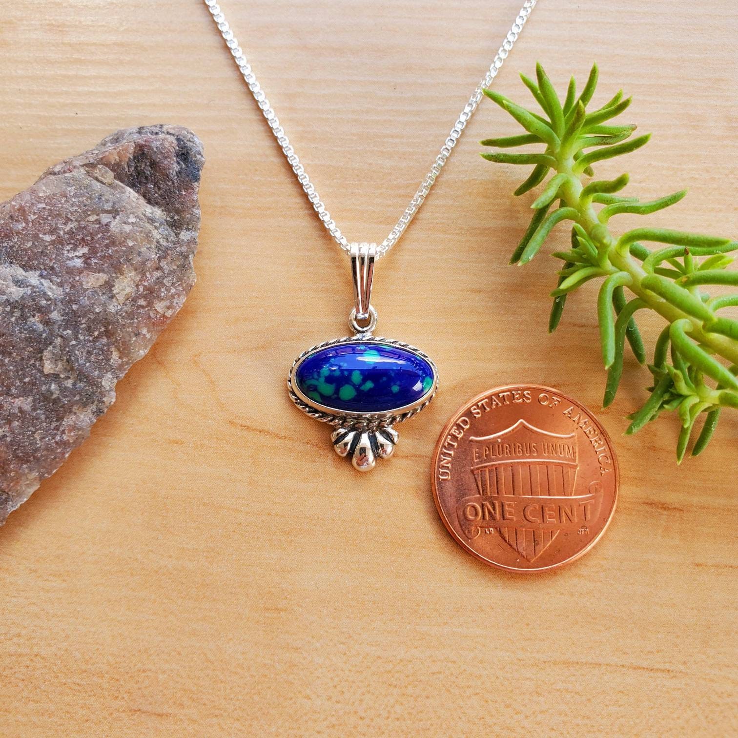 Collier En Azurite Malachite Naturelle - Pendentif Goutte 45 Carats - Argent 925 - 45.5 Cm