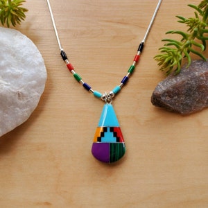 SoCute925 Big Inlay Necklace | Sterling Silver Inlay Multicolor Pendant With Liquid Silver Necklace 16" | Dainty Colorful Inlay Necklace