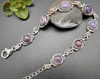 SoCute925 Fint Lila Charoite Armbandslänk | Sterlingsilver Charoite Länkarmband | Charoite Sydvästligt Armband | Tillverkat i USA