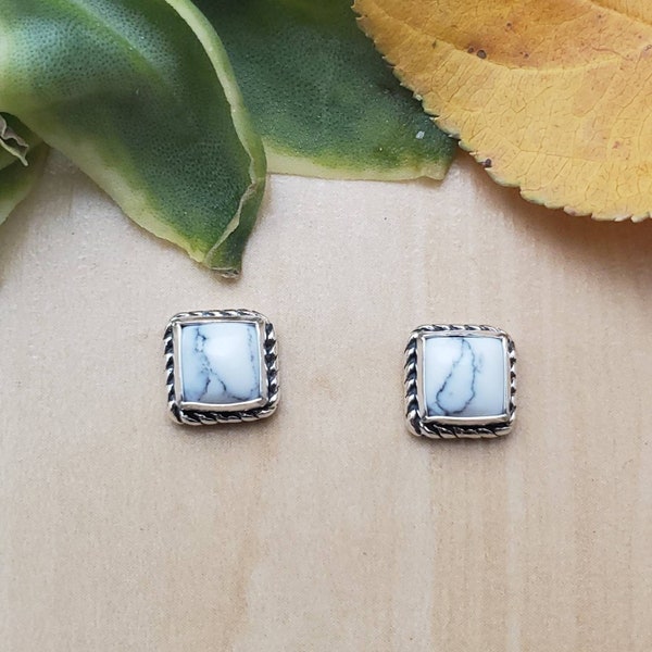 SoCute925 White Buffalo Turquoise Stud Earrings | Turquoise Studs | Studs | Posts | Sterling Silver | Boho | Square Studs | For Her