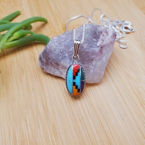 SoCute925 Long Oval Inlay Multicolor Necklace Pendant With Silver Box Chain Necklace 18 Inches | Sterling Silver Inlay Southwest Necklace