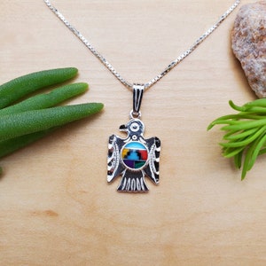 SoCute925 Colorful Thunderbird Necklace Pendant With Silver Box Chain Necklace 18&quot; | Thunderbird Necklace | Sterling Silver Inlay Jewelry
