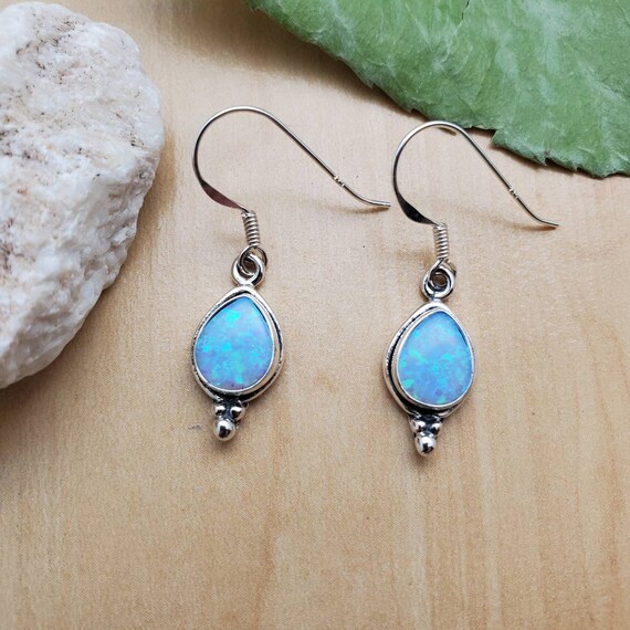 Socute925 Small Teardrop Blue Opal Dangle Earrings Dainty Blue