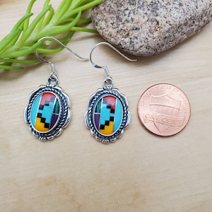 SoCute925 Big Multicolor Dangle Earrings | Inlay Southwestern Jewelry | Inlay Earrings | Big Sterling Silver Dangle Earrings Made in USA