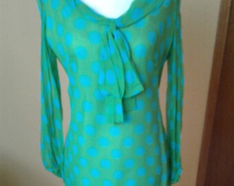 1960s Blue & Green Polka Dot Chiffon Dress Vintage Size M