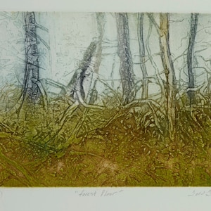 Peut inclure: Une estampe abstraite d'un sol de forêt dans des tons de vert et de brun, avec le texte "Forest Floor" et la signature de l'artiste "John Secome".