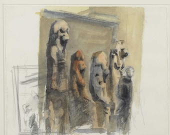 Originele aquarel British Museum, tekening standbeeld oud Egypte, ingelijst cadeau kunstgeschiedenis, schets Plein Air Museum, kunstenaar Todd Tremeer