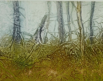 Original Etching Fine Art Print, Color Aquatint Intaglio Printmaking, Wild Twisted Forest Trees, Canadian Landscape Artist Todd Tremeer