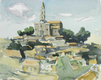 Italy Painting, Original Art Watercolor. Italian landscape, Mountain Town, Caltagirone  Sicily. Village Hilltop Church, Artist Todd Tremeer