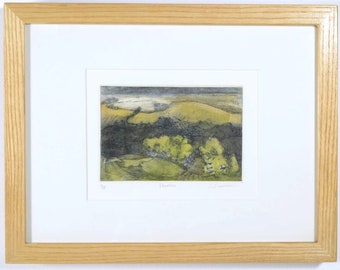 Landscape Etching, Color Intaglio Aquatint Print. Rolling Hills Farm fields, Original art, Chine colle printmaking, Artist Todd Tremeer