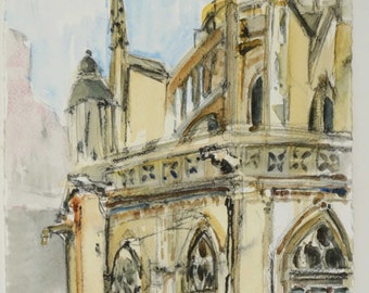 Paris France Original Painting, French Medieval Church Architecture Watercolor Painting & Charcoal Sketch, Cityscape Drawing. Todd Tremeer