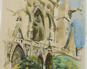 Original Painting of Church Facade. Gothic Cathedral Plein Air Travel Sketch. Troyes France. Watercolor Original Art, Artist Todd Tremeer