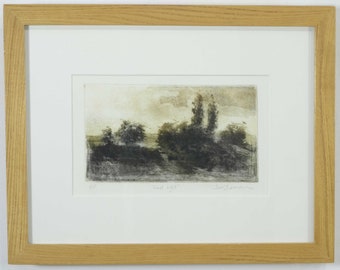 Bäume in der Dämmerung, Radierung Kaltnadelradierung Mezzotinto Aquatinta, Original mit Rahmen, Künstlerdruck. Sonnenuntergang Landschaft Kunstdruck. Druckgrafik Todd Tremeer