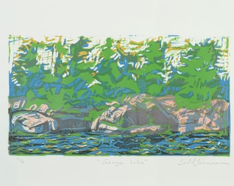 Linoleumsnitt i Georgian Bay: Landskapskonst i Killarney Provincial Park, kanadensisk konstnär Todd Tremeer