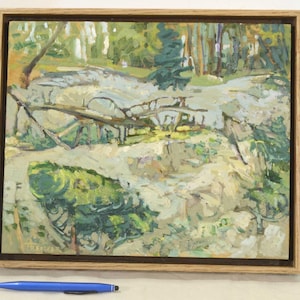 Origineel schilderij, landschapsschilderij van bosbomen. Ingelijst olieverfschilderij, originele kunst, warme neutrale kleuren. Canadese kunstenaar Todd Tremeer