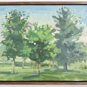 Boomschilderij, originele kunst landschapsschilderkunst, olieverfschilderij van groene bomen. Ingelijst klein origineel schilderij van de Canadese kunstenaar Todd Tremeer.