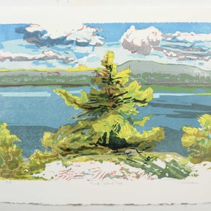 Linoleumsnitt av kanadensiskt landskap, konst i Killarneys georgianska bukt, ensamt tallträd, oländig sjöstrand, originalkonsttryck. Konstnär Todd Tremeer bild 5