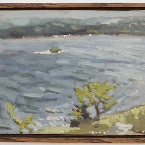 Origineel kunstlandschap olieverfschilderij. Lake Shoreline Bomen, Killarney Provincial Park, Canada. Klein ingelijst kunstwerk van 8 x 10 inch. Todd Tremeer