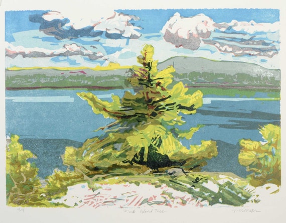 Canadian Landscape Linocut, Killarney Georgian Bay Art, Lone Pine Tree, Rugged Lake Shoreline, Original Fine Art Print. Artist Todd Tremeer