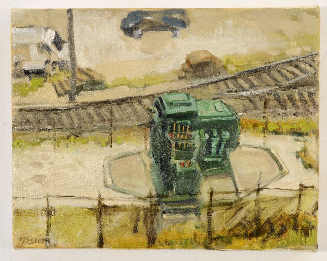 Modern Landscape Painting. Train Tracks & Industrial City Scene. Unique Original Art Urban