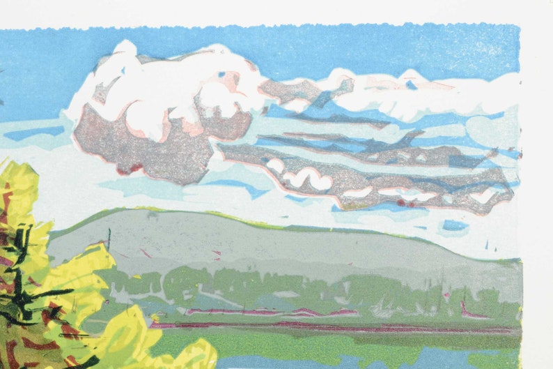Linoleumsnitt av kanadensiskt landskap, konst i Killarneys georgianska bukt, ensamt tallträd, oländig sjöstrand, originalkonsttryck. Konstnär Todd Tremeer bild 3