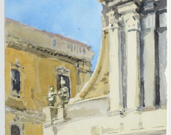 Italie Peinture, Aquarelle Italienne Architecture Baroque Architecturale. Croquis de voyage en Sicile, petite image de paysage urbain d’art. Todd Tremeer.