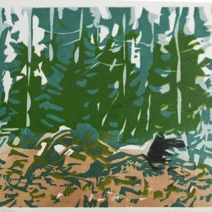 Lino Print, Forest Landscape Tree Art, Small Original Art Nature Print, Color Relief print Linocut Printmaking, Canadian Art, Todd Tremeer.