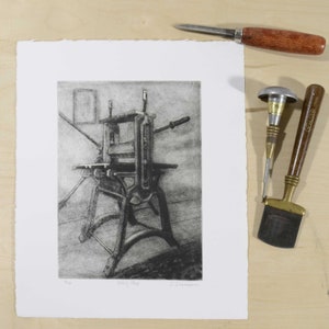 Mezzotint Drypoint Print of Antique Intaglio Etching Press. Original Art Printmaking, Handpulled Artist Fine Art Print, Todd Tremeer