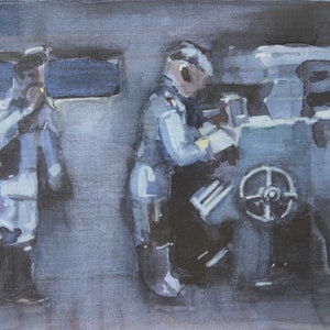 Pintura militar WW2 arte, soldados del ejército alemán. Búnker del Día D. Arte contemporáneo Acuarela original, papel azul enmarcado. Artista Todd Tremeer.