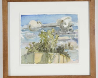 Original Artist Drawing, Watercolor Painting. Leafy Tree Sketch with Clouds, Urban Landscape, Cherry Hardwood Picture Frame. Todd Tremeer