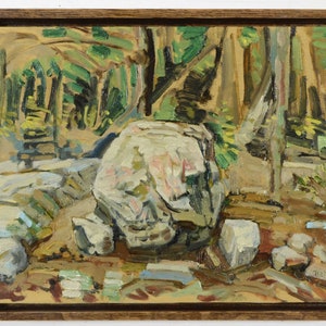 Dipinto di paesaggio canadese, dipinto a olio originale con cornice, grande masso di roccia nel bosco, Ontario, Canada, scena di foresta, artista Todd Tremeer.