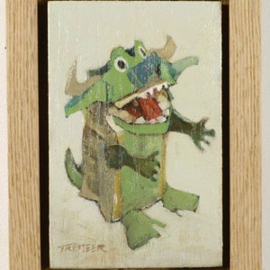 Art original amusant Dragon Painting, mini peinture originale de marionnette monstre. Petite carte postale encadrée pour la chambre des enfants, Todd Tremeer.