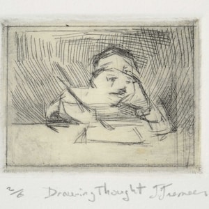 May include: A black and white etching of a person's head and shoulders, titled "Drawing Thought" by J. Freeman. The etching is numbered 2/6.