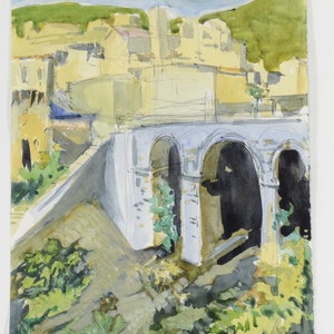 Sicily Italy Painting, Original Watercolor Painting & Pen Drawing. Italian cityscape arched stone bridge, Mountain landscape. Todd Tremeer