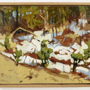 Winterlandschap, origineel schilderij van sneeuw en bomen. Ingelijst olieverfschilderij. 8 x 10 inch. Canadese kunstenaar Todd Tremeer
