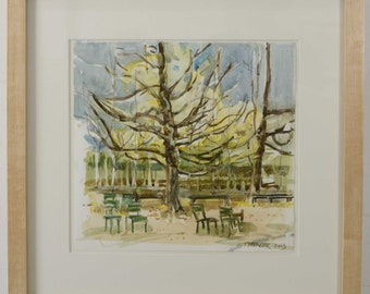 Tuileries Garden Park & Chairs, Paris France Artist Sketch, Original Watercolor Cityscape with Yellow Tree, Hardwood Frame. Todd Tremeer