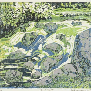 Original Linoldruck, Wasserfall Linoldruck, Wald Fluss Landschaft, großes quadratisches Kunstwerk, Algonquin Park Kanada, Druckgrafik von Todd Tremeer