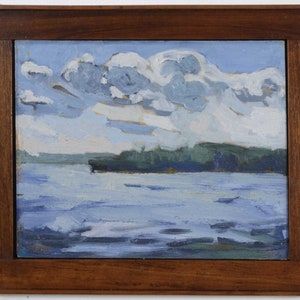 Origineel landschapsschilderij, meergolven en wolken. Canadees landschapsolieverfschilderij op paneel, hardhouten fotolijst. Kunstenaar Todd Tremeer