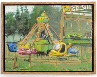 Midway Amusement Park Mini Jet Ride, Small Oil Painting Original Artwork, Colorful Original Painting. Orono Fall Fair Canada, Todd Tremeer
