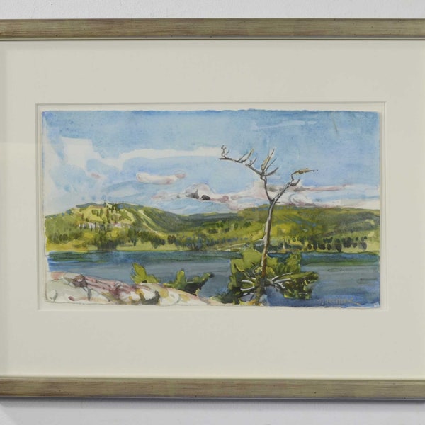 Original Painting, Canadian Landscape with Lake & Windswept Pine, Watercolor Painting Original Artwork. Silver Leaf Wood Frame. Todd Tremeer