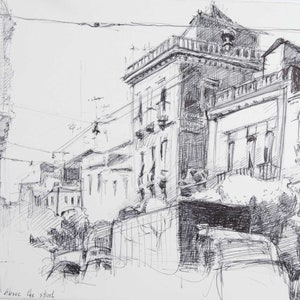 Italië Tekening, Originele Kunst Cityscape Reisschets. Straatbeeld Gebouwen, Vrachtwagens & Auto&#39;s. Zwarte balpen op papier. Kunstenaar Todd Tremeer